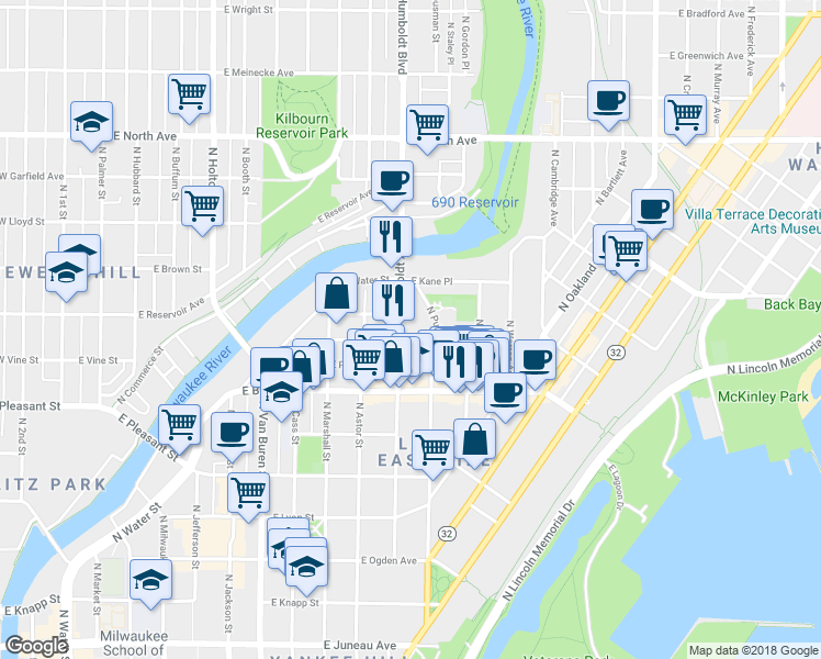 map of restaurants, bars, coffee shops, grocery stores, and more near 1134 East Hamilton Street in Milwaukee