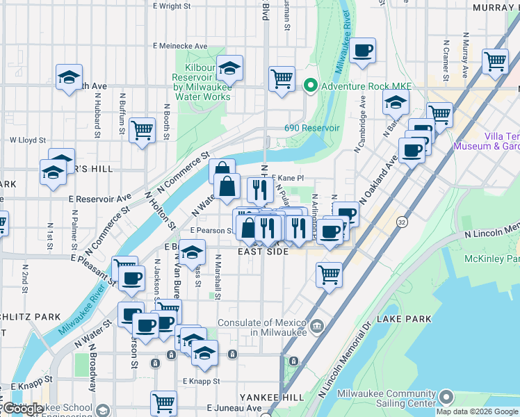 map of restaurants, bars, coffee shops, grocery stores, and more near 1801 North Humboldt Avenue in Milwaukee