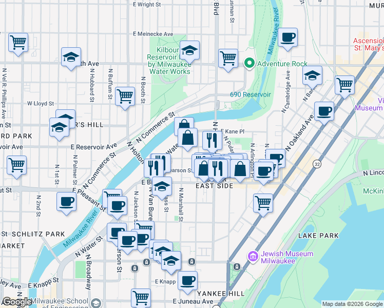 map of restaurants, bars, coffee shops, grocery stores, and more near 922 East Hamilton Street in Milwaukee