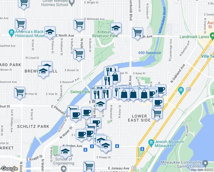 map of restaurants, bars, coffee shops, grocery stores, and more near 818 East Hamilton Street in Milwaukee