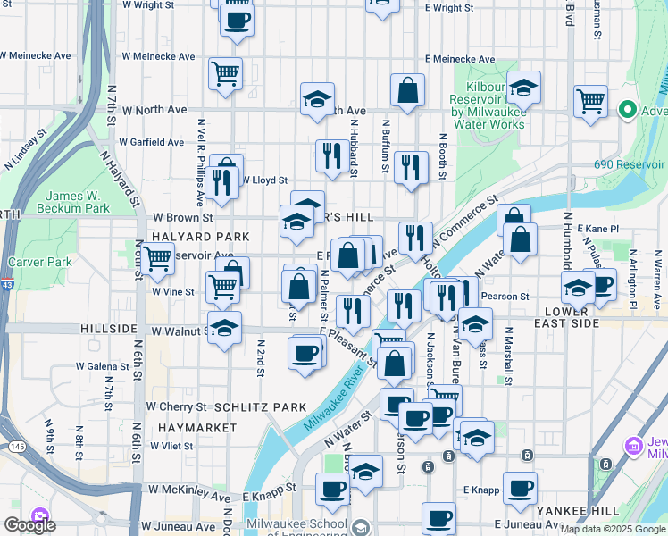 map of restaurants, bars, coffee shops, grocery stores, and more near 1823 North Hubbard Street in Milwaukee