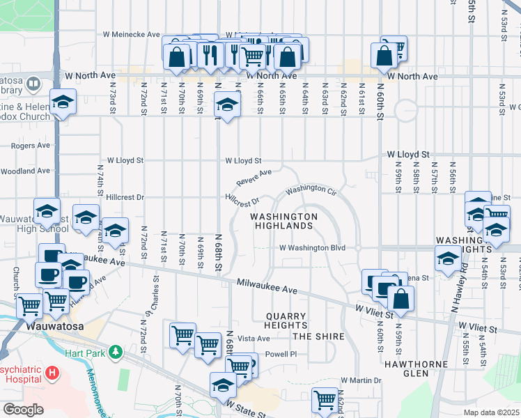 map of restaurants, bars, coffee shops, grocery stores, and more near 6520 Washington Circle in Wauwatosa
