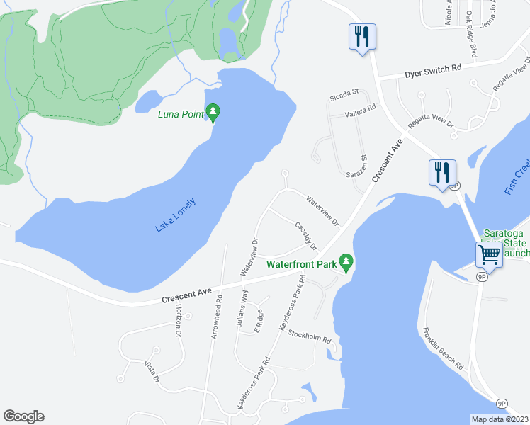 map of restaurants, bars, coffee shops, grocery stores, and more near 35 Waterview Drive in Saratoga Springs
