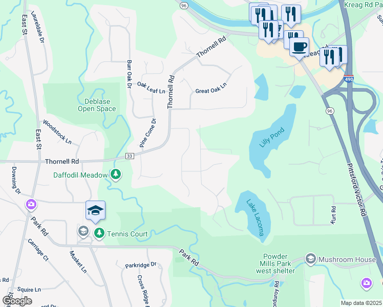 map of restaurants, bars, coffee shops, grocery stores, and more near 22 Mill Valley Road in Pittsford