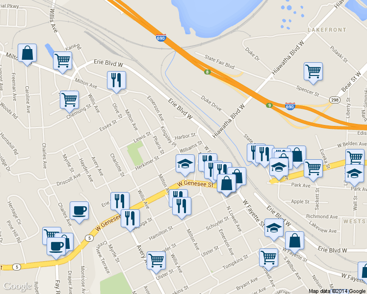 map of restaurants, bars, coffee shops, grocery stores, and more near 124 Williams Street in Syracuse