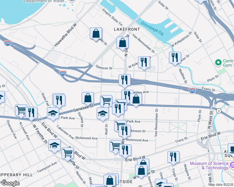 map of restaurants, bars, coffee shops, grocery stores, and more near 1123 West Belden Avenue in Syracuse