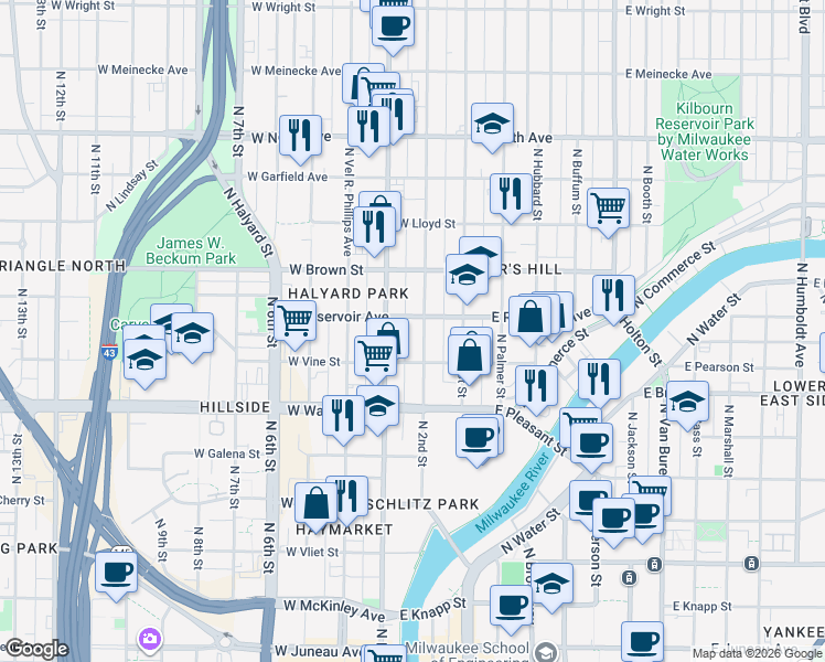 map of restaurants, bars, coffee shops, grocery stores, and more near 1830 North Doctor Martin Luther King Junior Drive in Milwaukee