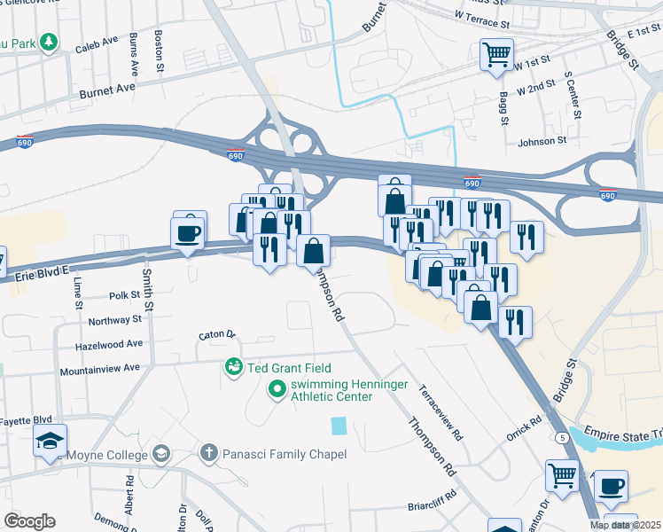 map of restaurants, bars, coffee shops, grocery stores, and more near 5864 Thompson Road in Syracuse