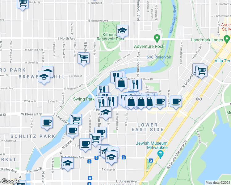map of restaurants, bars, coffee shops, grocery stores, and more near 1813 North Marshall Street in Milwaukee
