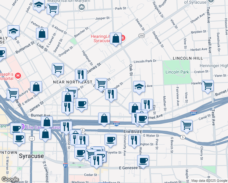 map of restaurants, bars, coffee shops, grocery stores, and more near 224 Gertrude Street in Syracuse