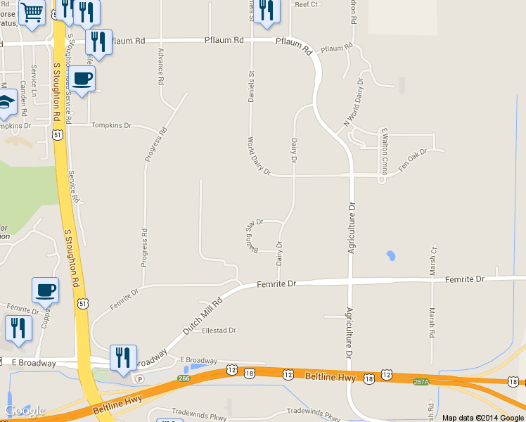 map of restaurants, bars, coffee shops, grocery stores, and more near 5018 Blazing Star Drive in Madison