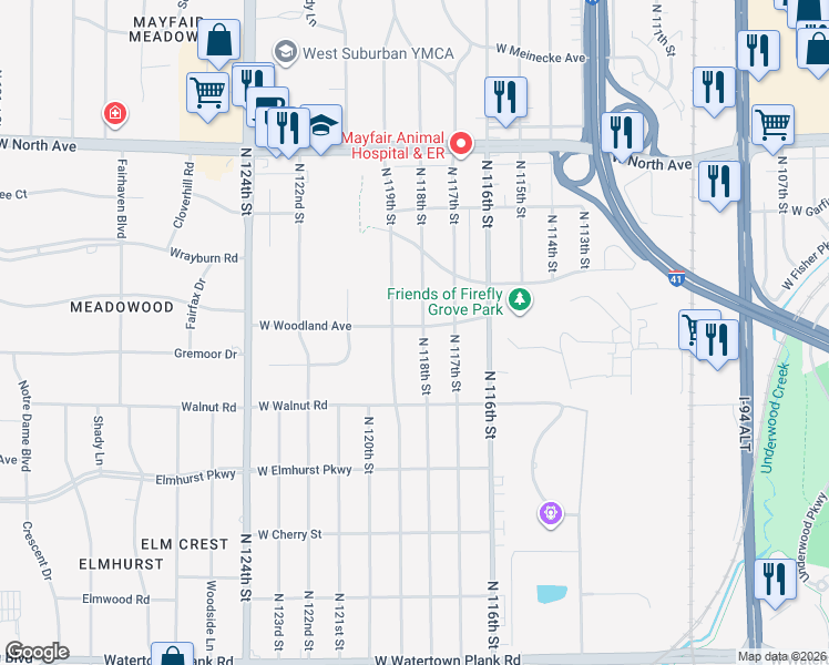 map of restaurants, bars, coffee shops, grocery stores, and more near 1817 North 118th Street in Wauwatosa