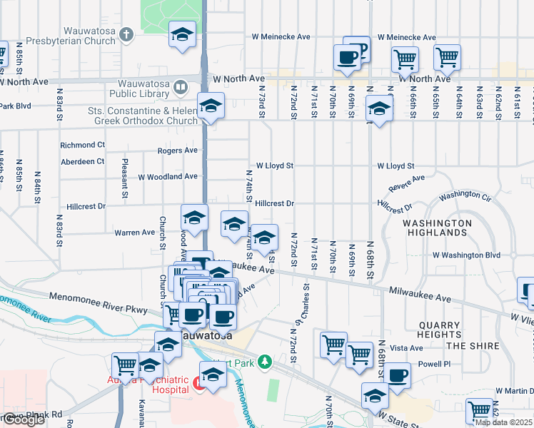 map of restaurants, bars, coffee shops, grocery stores, and more near 1835 North 73rd Street in Wauwatosa