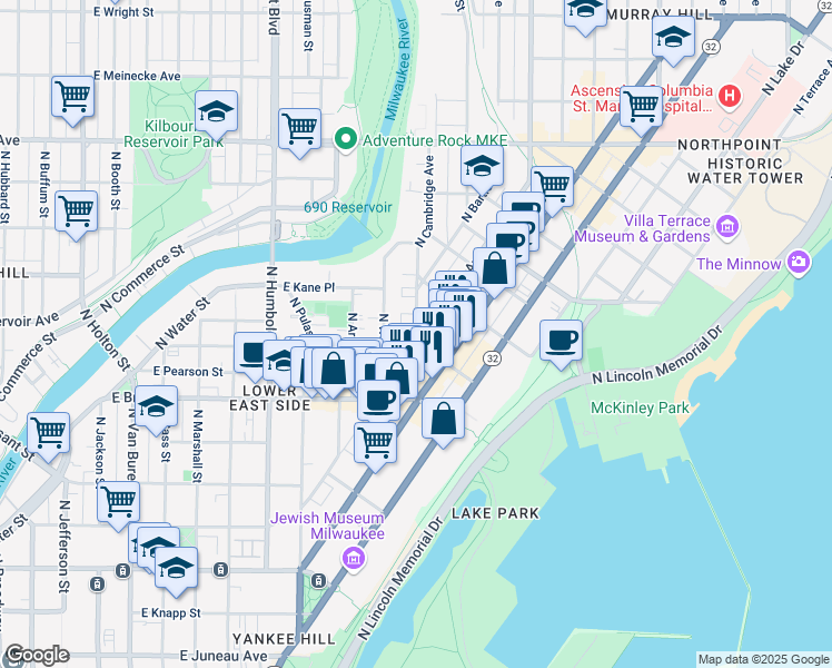 map of restaurants, bars, coffee shops, grocery stores, and more near 1807 North Cambridge Avenue in Milwaukee