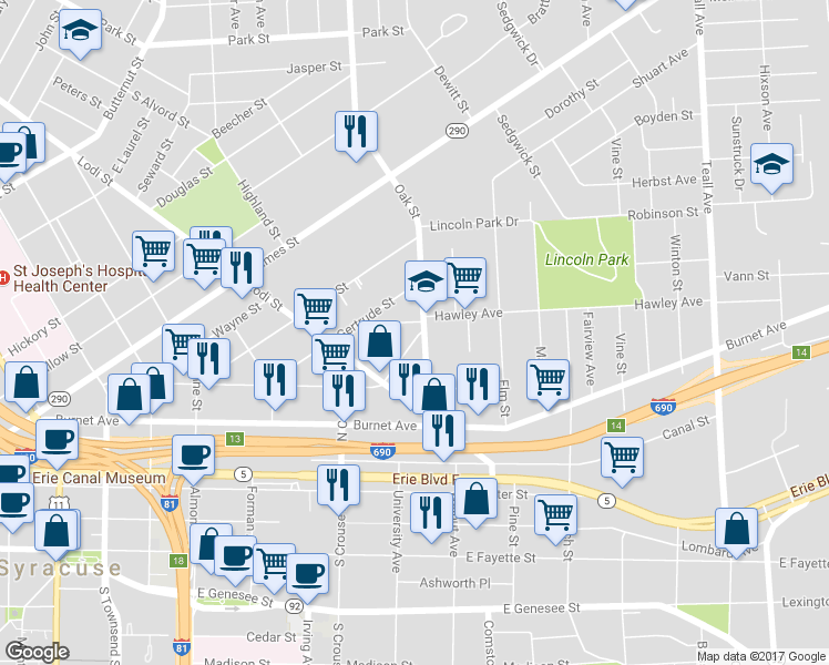 map of restaurants, bars, coffee shops, grocery stores, and more near 631 Hawley Avenue in Syracuse