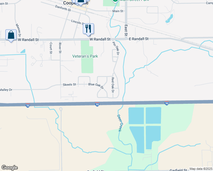 map of restaurants, bars, coffee shops, grocery stores, and more near 260 Pin Oak Drive in Coopersville