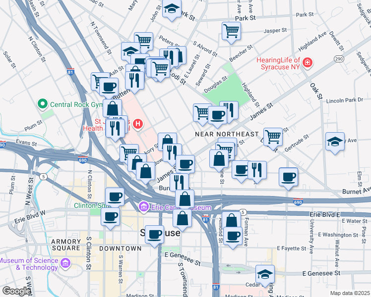 map of restaurants, bars, coffee shops, grocery stores, and more near in Syracuse