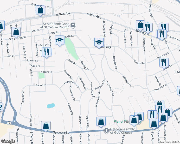 map of restaurants, bars, coffee shops, grocery stores, and more near 107 Piercefield Drive in Syracuse