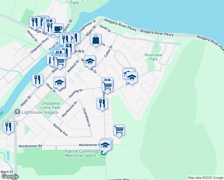 map of restaurants, bars, coffee shops, grocery stores, and more near in Niagara Falls