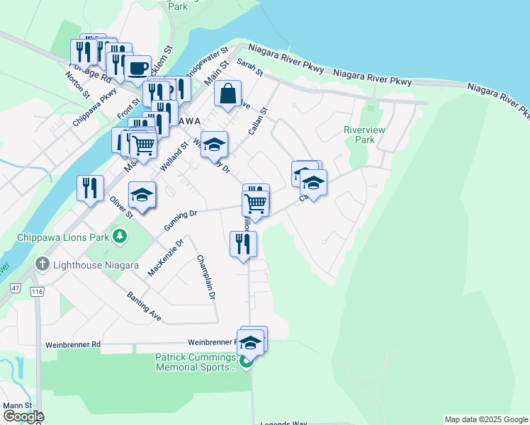 map of restaurants, bars, coffee shops, grocery stores, and more near in Niagara Falls