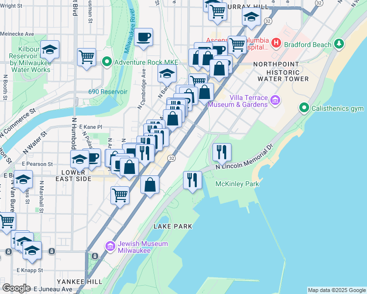 map of restaurants, bars, coffee shops, grocery stores, and more near 1919 North Summit Avenue in Milwaukee