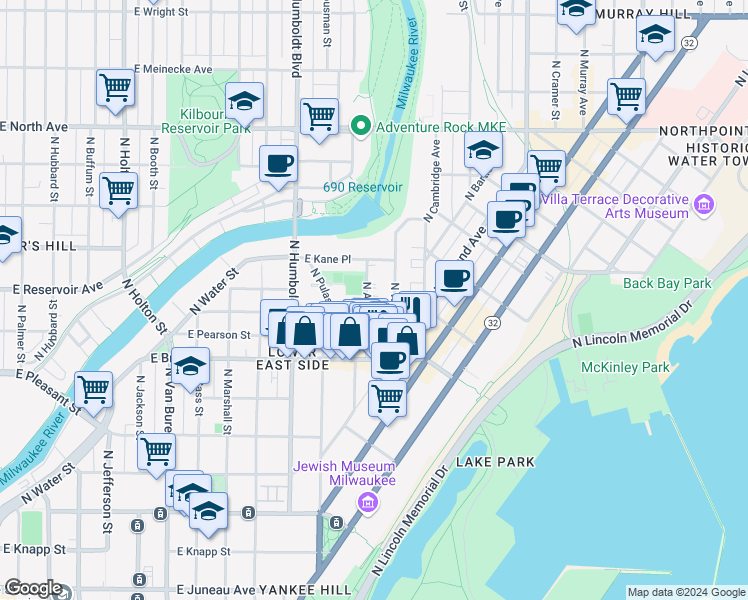 map of restaurants, bars, coffee shops, grocery stores, and more near 1805 North Warren Avenue in Milwaukee