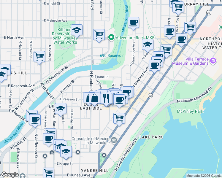 map of restaurants, bars, coffee shops, grocery stores, and more near in Milwaukee