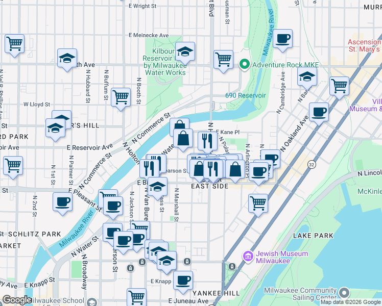 map of restaurants, bars, coffee shops, grocery stores, and more near 922 East Hamilton Street in Milwaukee