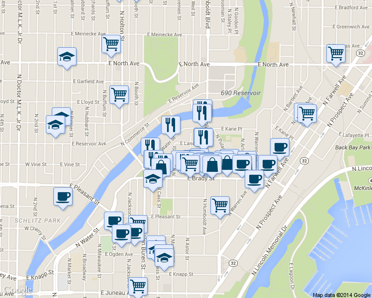 map of restaurants, bars, coffee shops, grocery stores, and more near 922 East Hamilton Street in Milwaukee