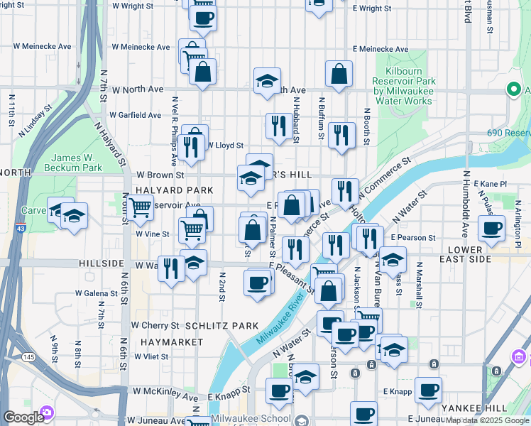 map of restaurants, bars, coffee shops, grocery stores, and more near 1831A North Palmer Street in Milwaukee