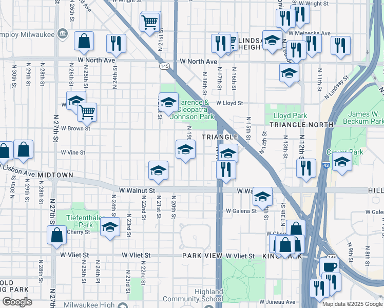 map of restaurants, bars, coffee shops, grocery stores, and more near 1830 North 19th Street in Milwaukee