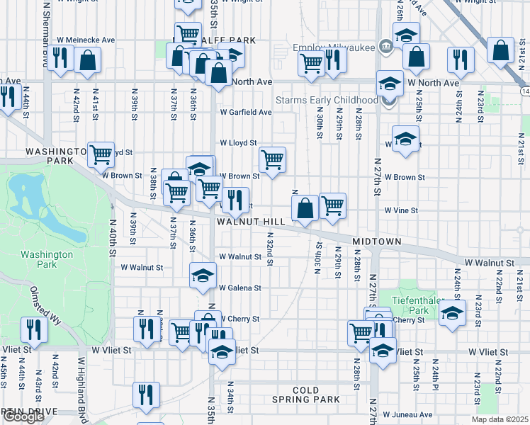 map of restaurants, bars, coffee shops, grocery stores, and more near 1804 North 32nd Street in Milwaukee