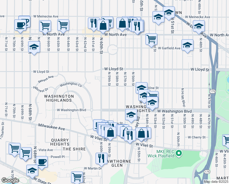 map of restaurants, bars, coffee shops, grocery stores, and more near 1807 North 58th Street in Milwaukee