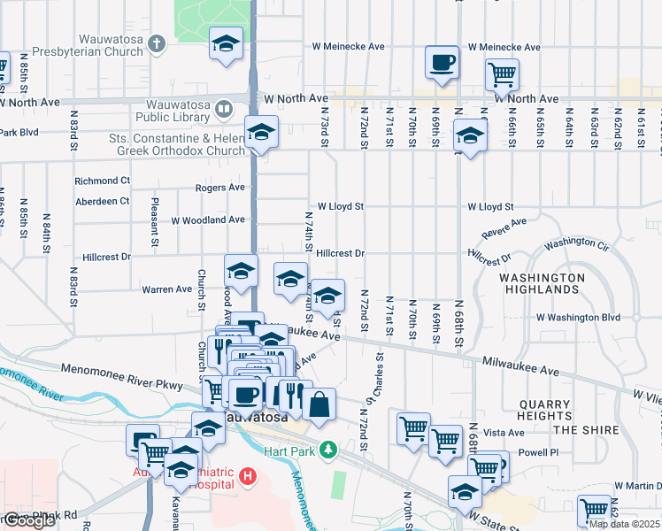 map of restaurants, bars, coffee shops, grocery stores, and more near 1835 North 73rd Street in Wauwatosa