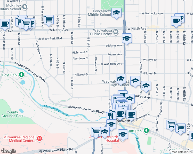 map of restaurants, bars, coffee shops, grocery stores, and more near 8000 Warren Avenue in Wauwatosa
