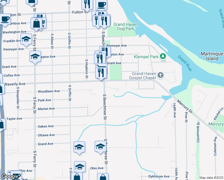 map of restaurants, bars, coffee shops, grocery stores, and more near 1530 South Beechtree Street in Grand Haven