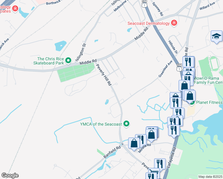 map of restaurants, bars, coffee shops, grocery stores, and more near 263 Peverly Hill Road in Portsmouth