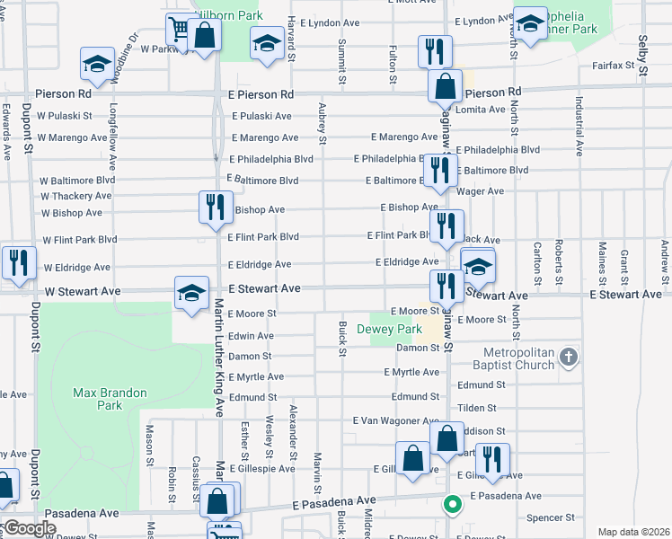 map of restaurants, bars, coffee shops, grocery stores, and more near 405 East Stewart Avenue in Flint