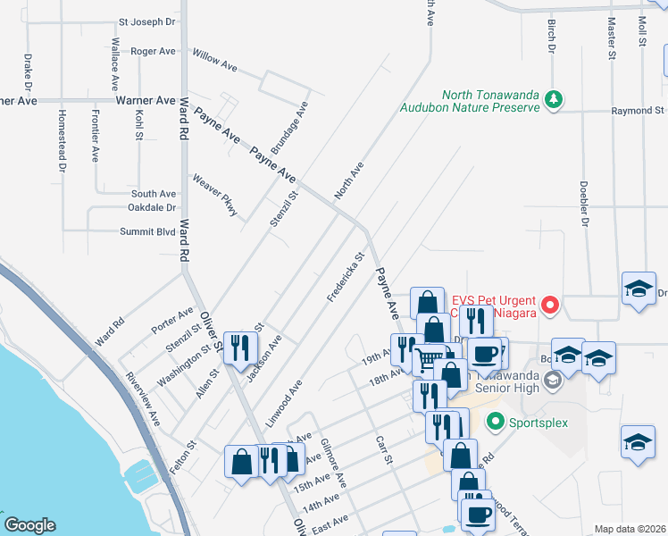 map of restaurants, bars, coffee shops, grocery stores, and more near 360 Fredericka Street in North Tonawanda