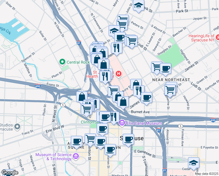 map of restaurants, bars, coffee shops, grocery stores, and more near 413 North State Street in Syracuse