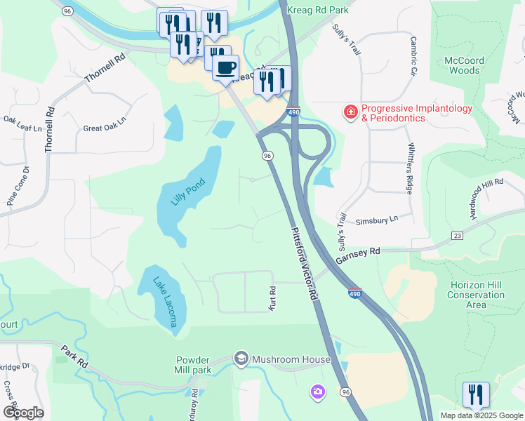 map of restaurants, bars, coffee shops, grocery stores, and more near 2 Pine Hill Drive in Pittsford
