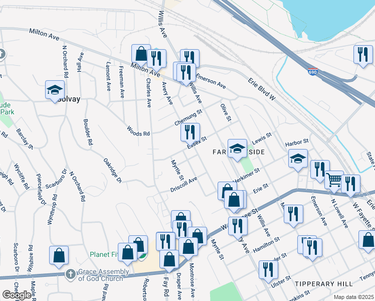 map of restaurants, bars, coffee shops, grocery stores, and more near 307 Essex Street in Syracuse
