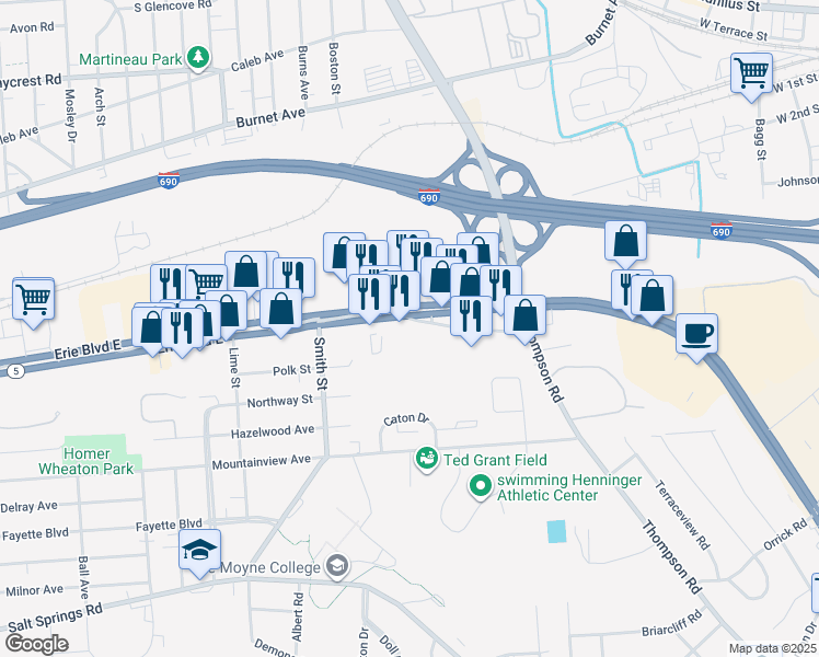 map of restaurants, bars, coffee shops, grocery stores, and more near 104 Headson Drive in Syracuse