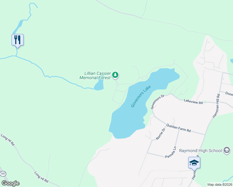 map of restaurants, bars, coffee shops, grocery stores, and more near 90 West Shore Drive in Raymond