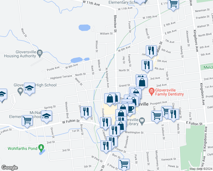 map of restaurants, bars, coffee shops, grocery stores, and more near 87 Grand Street in Gloversville