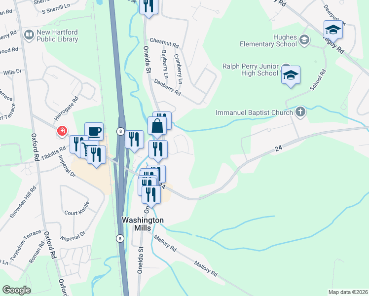 map of restaurants, bars, coffee shops, grocery stores, and more near 5 Glencrest Boulevard in New Hartford
