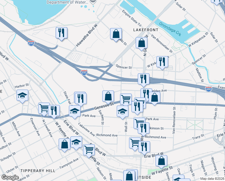 map of restaurants, bars, coffee shops, grocery stores, and more near 1225-29 West Belden Avenue in Syracuse