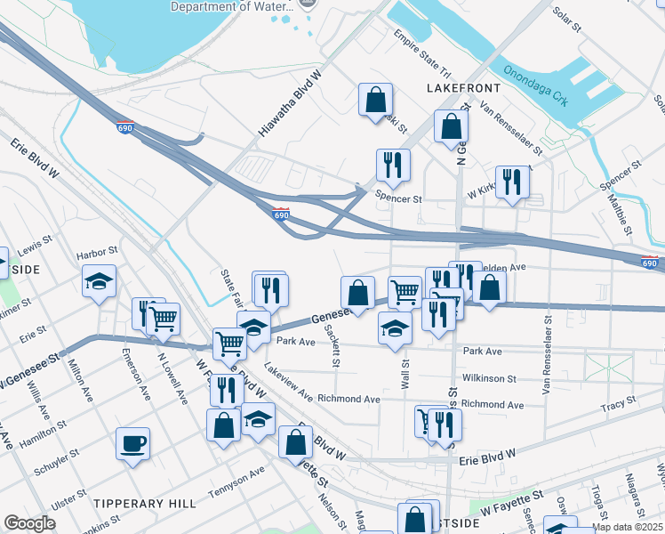 map of restaurants, bars, coffee shops, grocery stores, and more near 117 Eureka Street in Syracuse