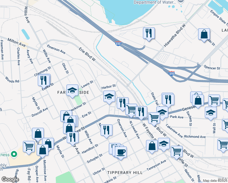 map of restaurants, bars, coffee shops, grocery stores, and more near 1949-55 West Fayette Street in Syracuse