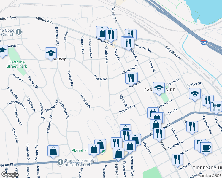 map of restaurants, bars, coffee shops, grocery stores, and more near 323 Charles Avenue in Syracuse